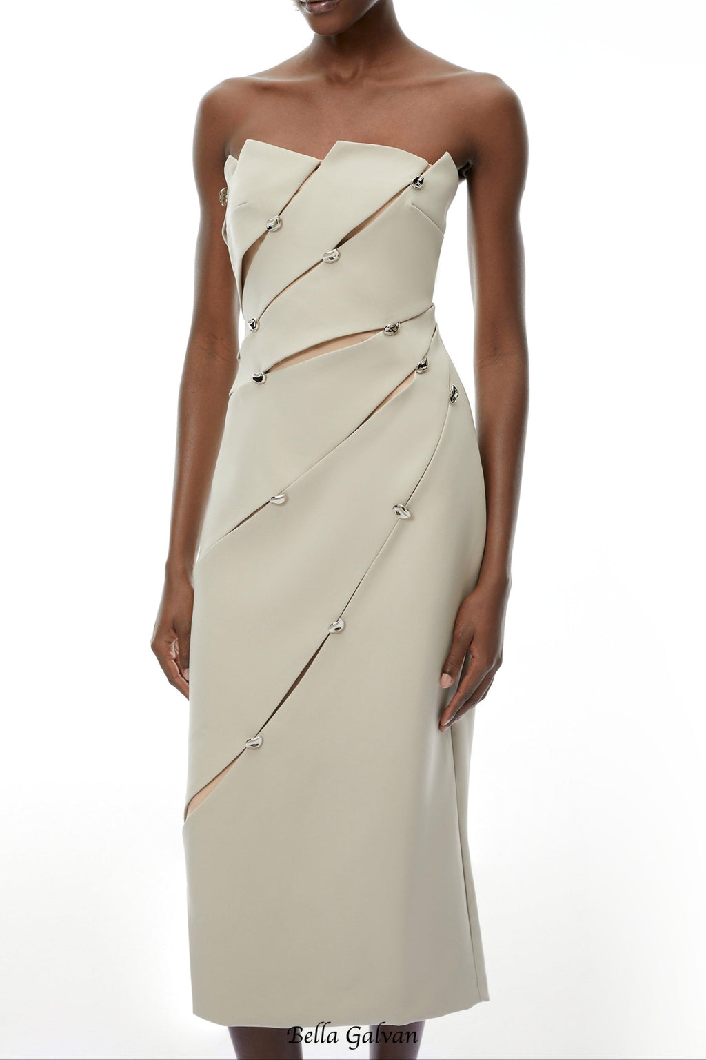 angela Asymmetrical Off Shoulder Midi Dress in Khaki