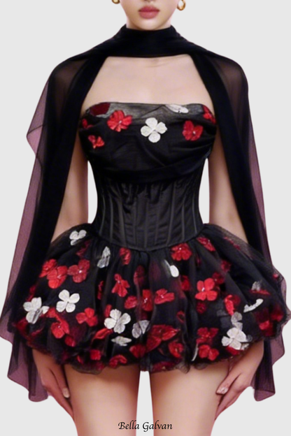 Roxya Floral Strapless Corset Mini Dress - Black