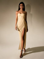 Flowering Girl Women Ruched Corset Split Hem Mesh Tube Dress