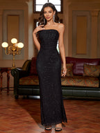 Flowering Girl Women Ruched Mesh Sequin Tube Dress