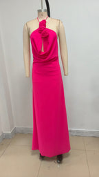Flowering Girl Women Floral halterneck high collar maxi dress in Rose Pink