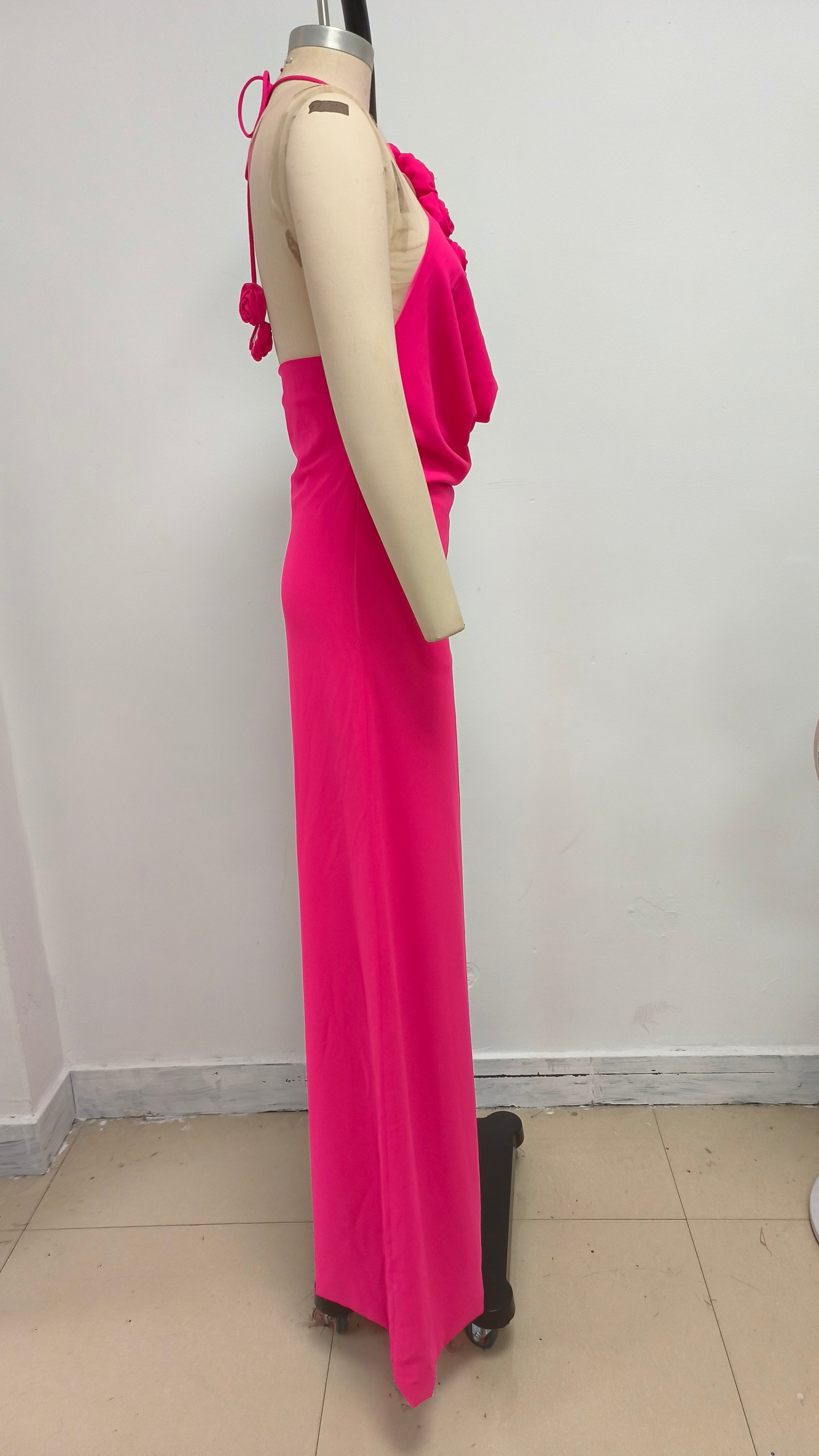 Flowering Girl Women Floral halterneck high collar maxi dress in Rose Pink