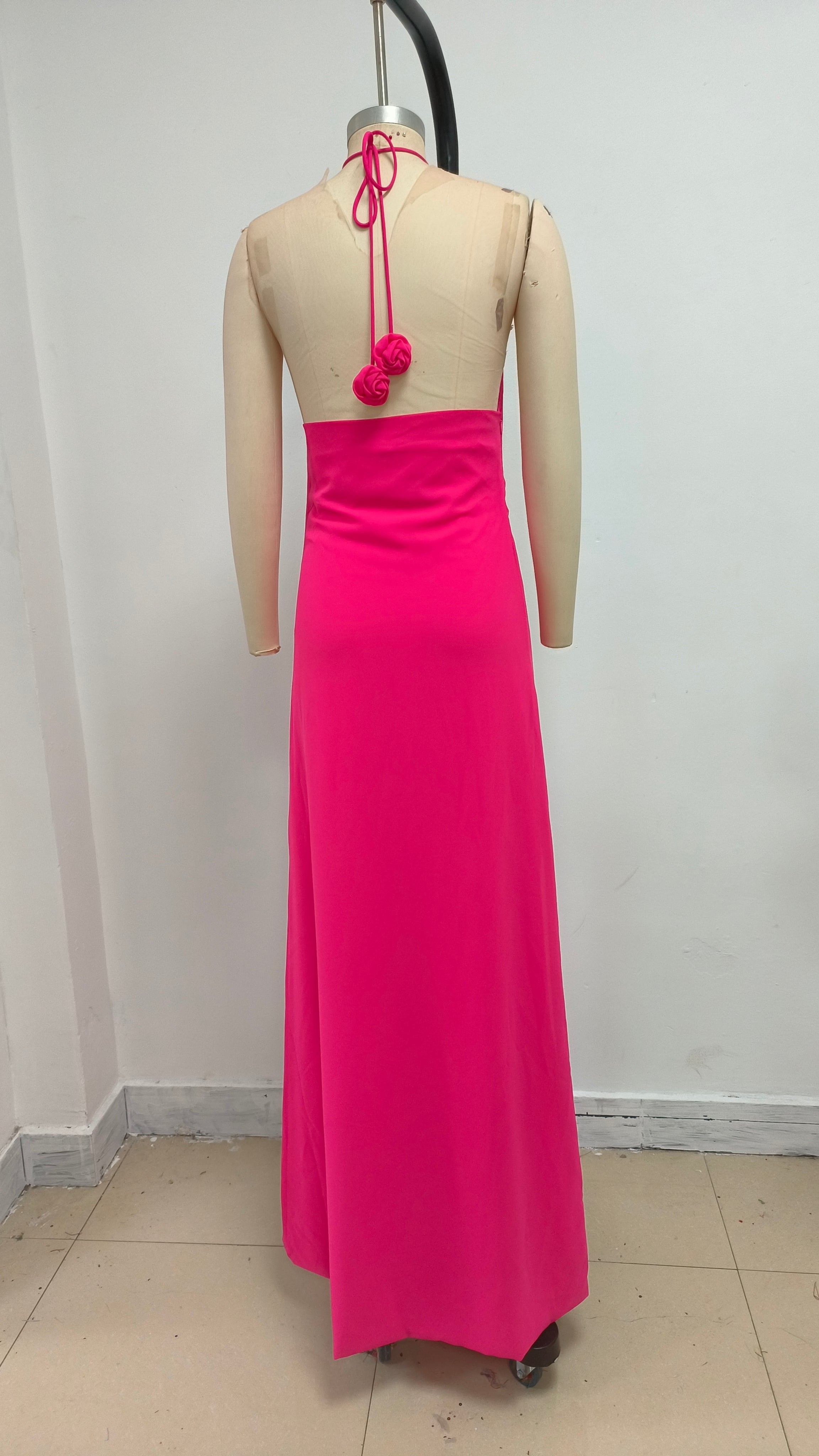 Flowering Girl Women Floral halterneck high collar maxi dress in Rose Pink