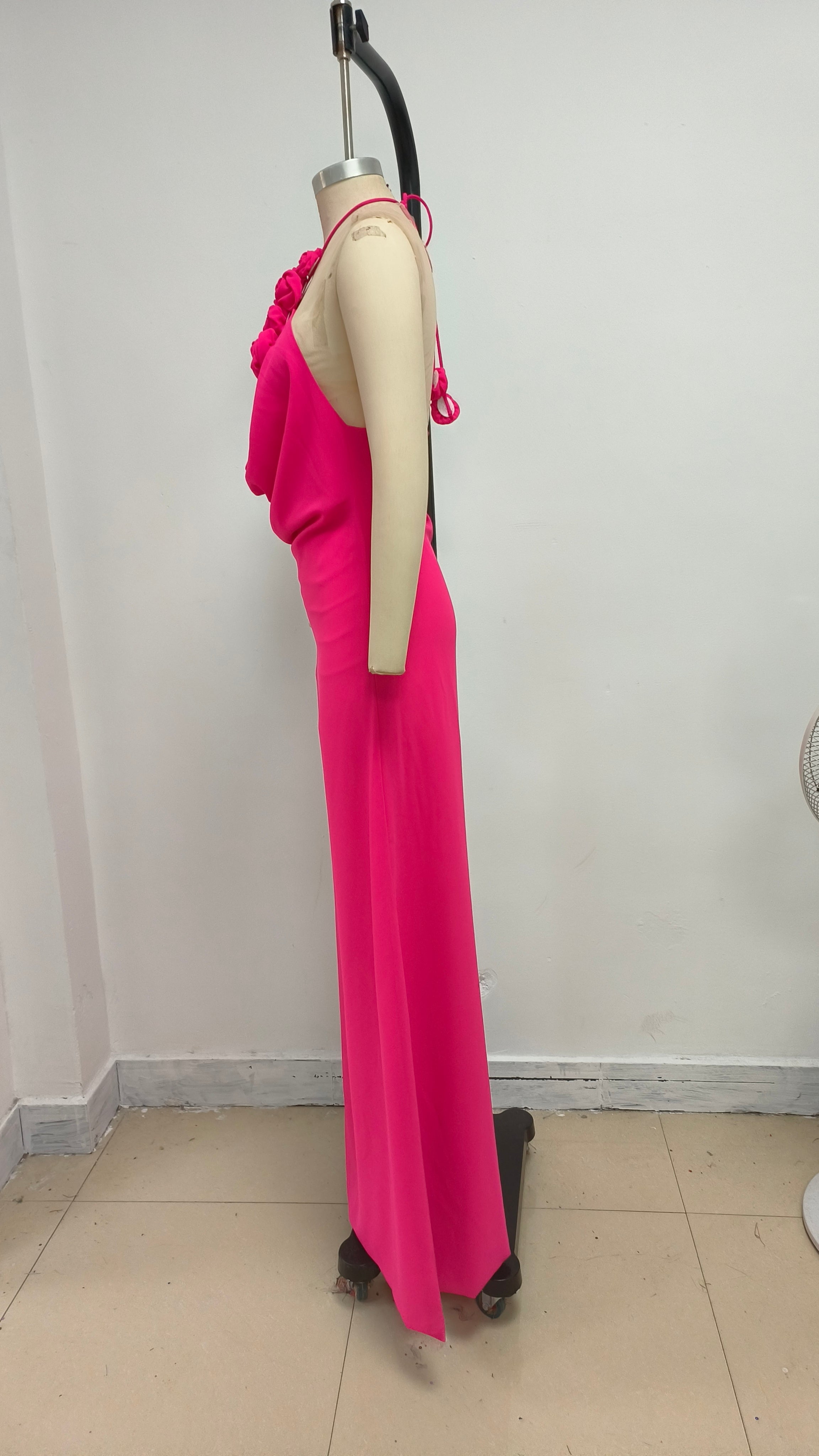 Flowering Girl Women Floral halterneck high collar maxi dress in Rose Pink