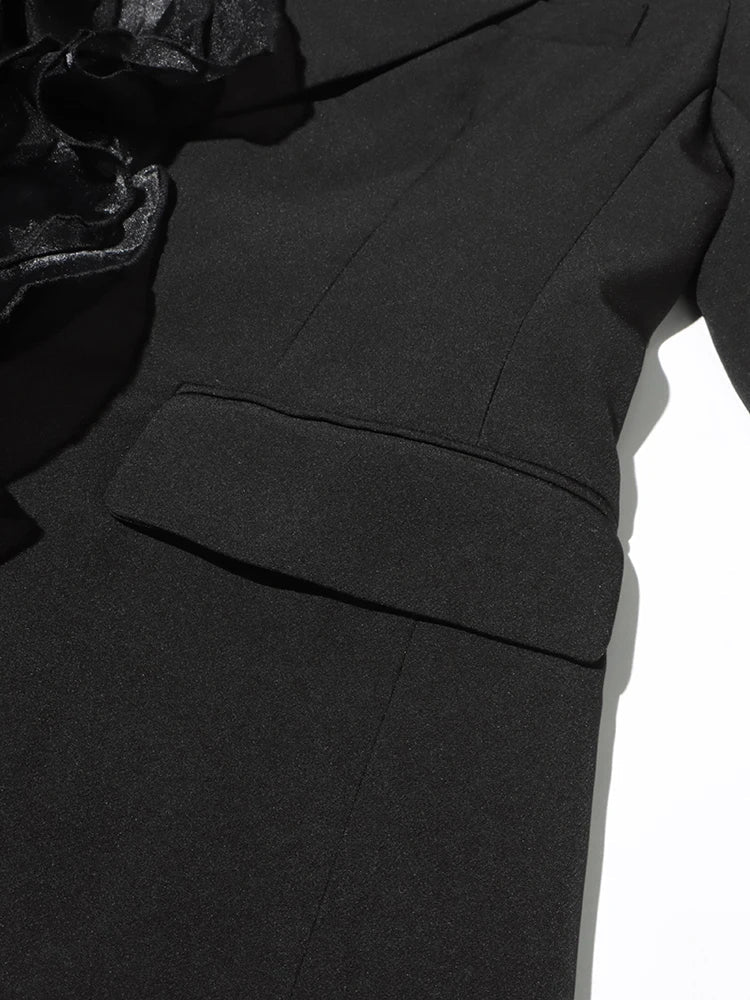 Flowering Girl Women Patchwork Ruffles Chic Blazer in black