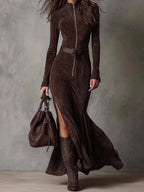Belt Solid Long Sleeve Slim Fit Maxi Dress