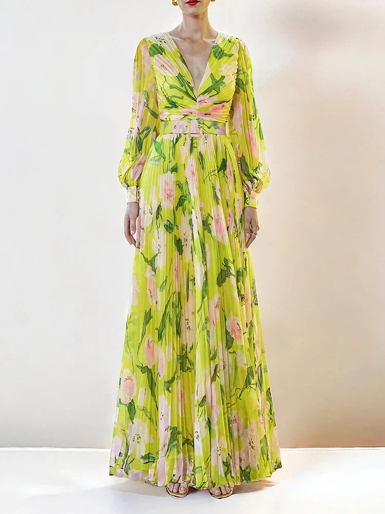 Jennifer Floral Print Pleated Lantern Sleeve Maxi Dress In Yellow