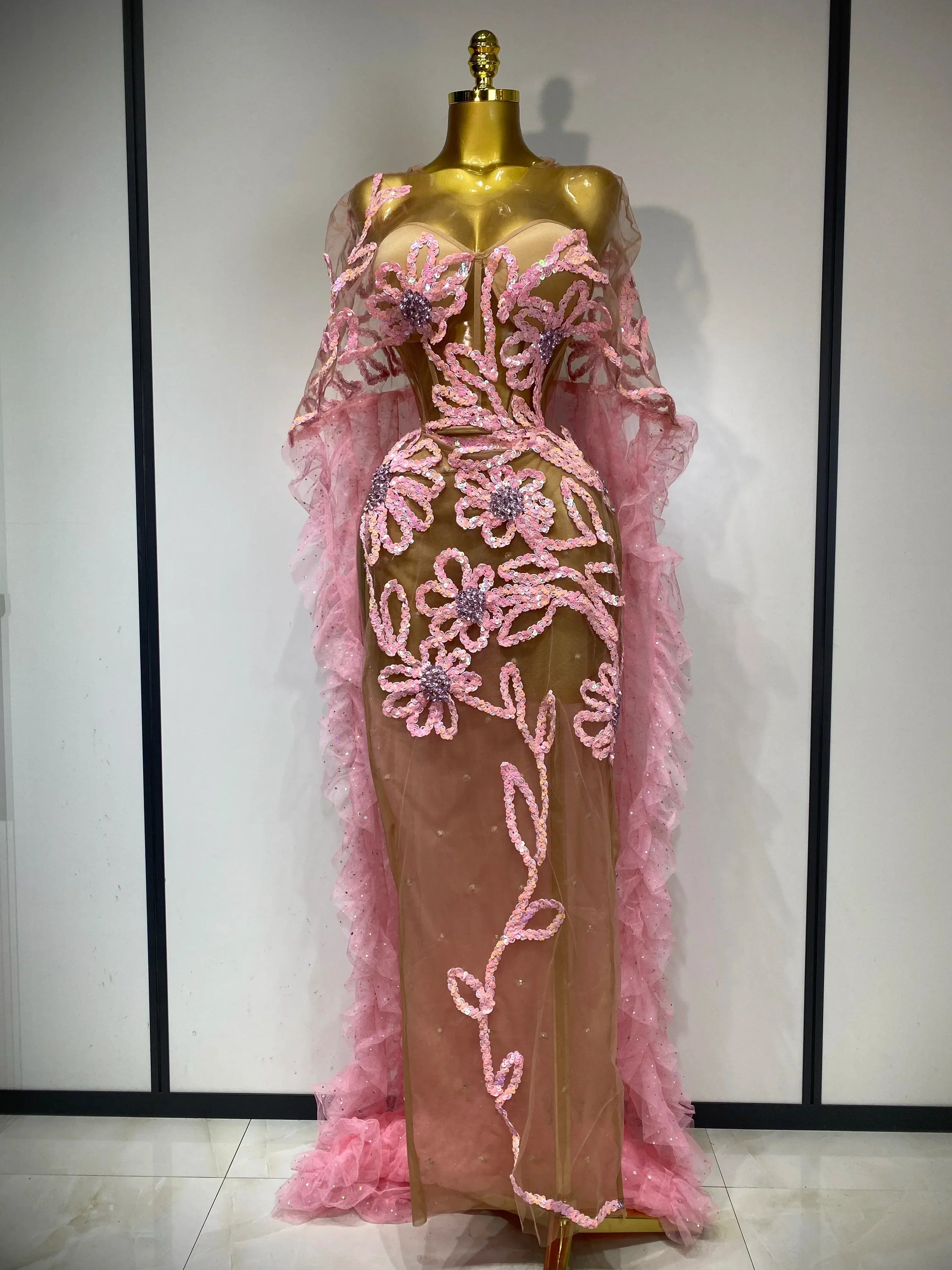Sparkly Mesh See Through Maxi Dress In Pink