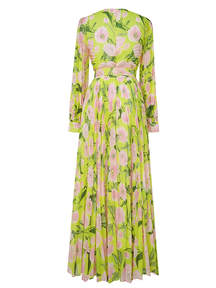 Jennifer Floral Print Pleated Lantern Sleeve Maxi Dress In Yellow
