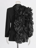 Flowering Girl Women Patchwork Ruffles Chic Blazer in black
