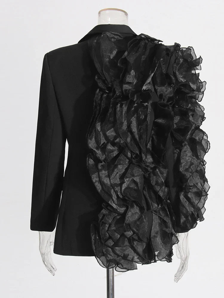 Flowering Girl Women Patchwork Ruffles Chic Blazer in black
