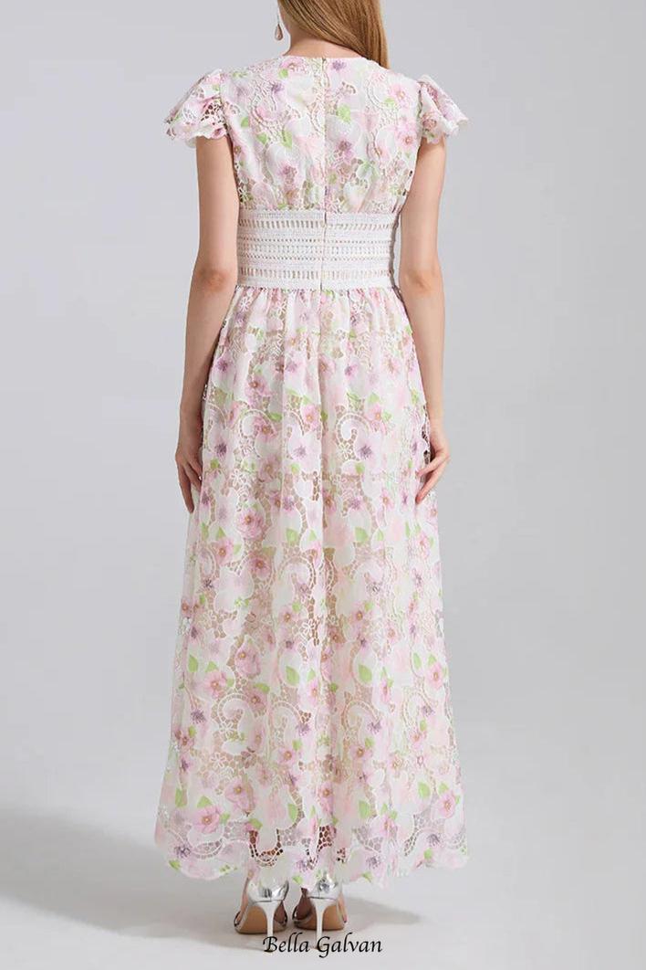 FLYING SLEEVES HIGH WAIST SLIM FIT FLORAL LACE DRESS