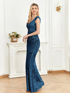 Addisyn Sequin Mermaid Evening Gown With Cap Sleeves