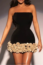 Flowering Girl Women Strapless Gold 3D Floral Mini Bandage Dress