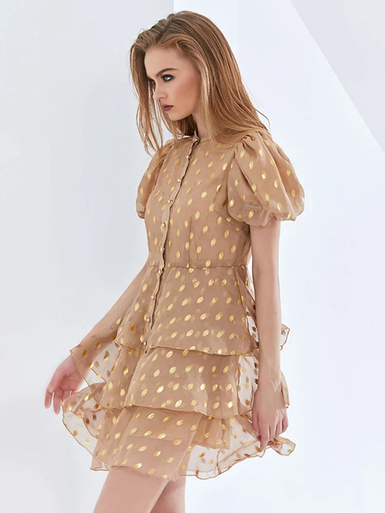 Flowering Girl Women polka Dot Layered Print Mini Dress in kahki