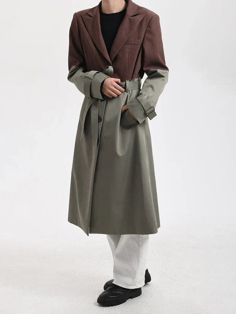 Flowering Girl Women Belted Blazer Trench Coat in Brown Gray