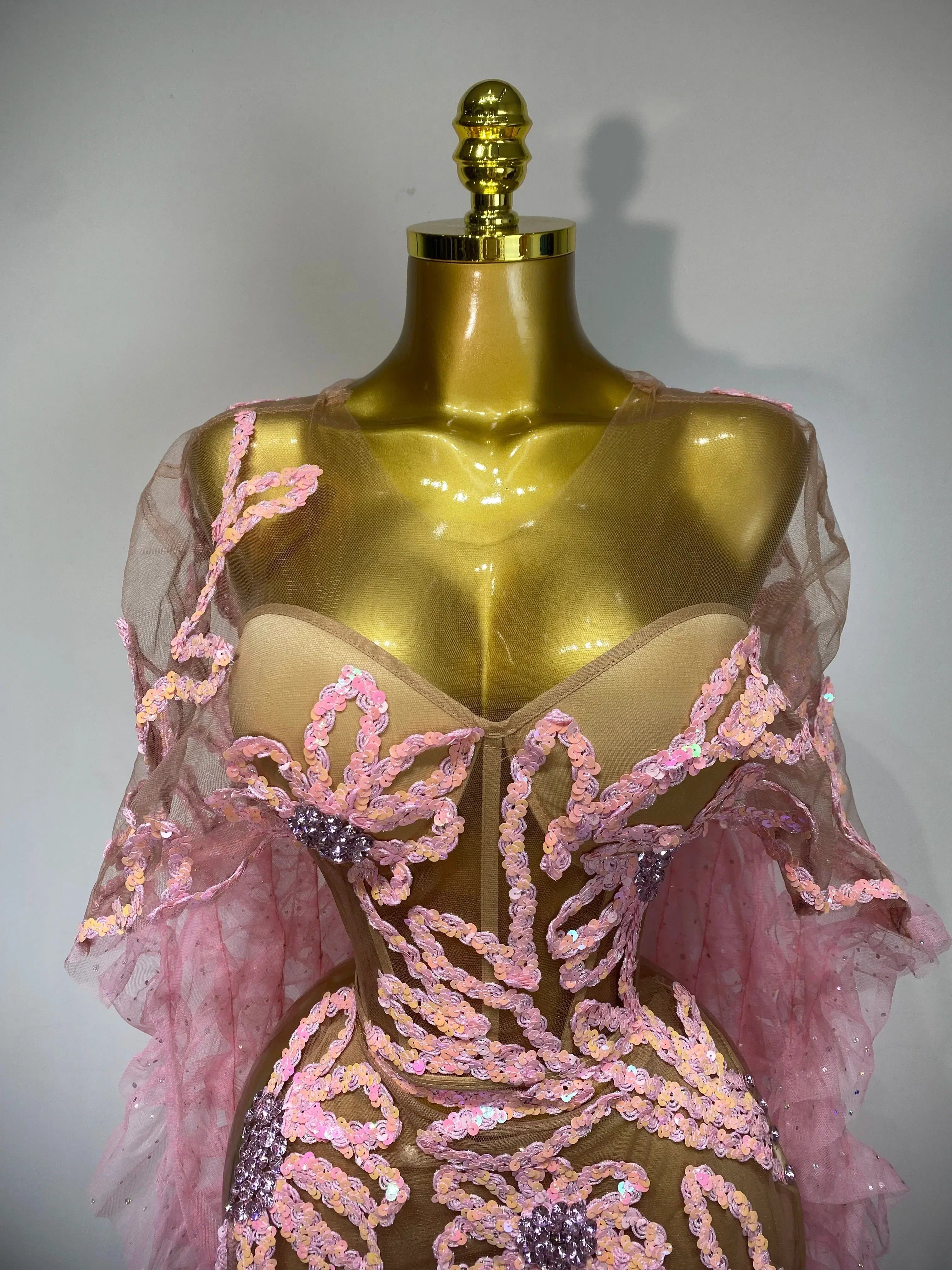 Sparkly Mesh See Through Maxi Dress In Pink