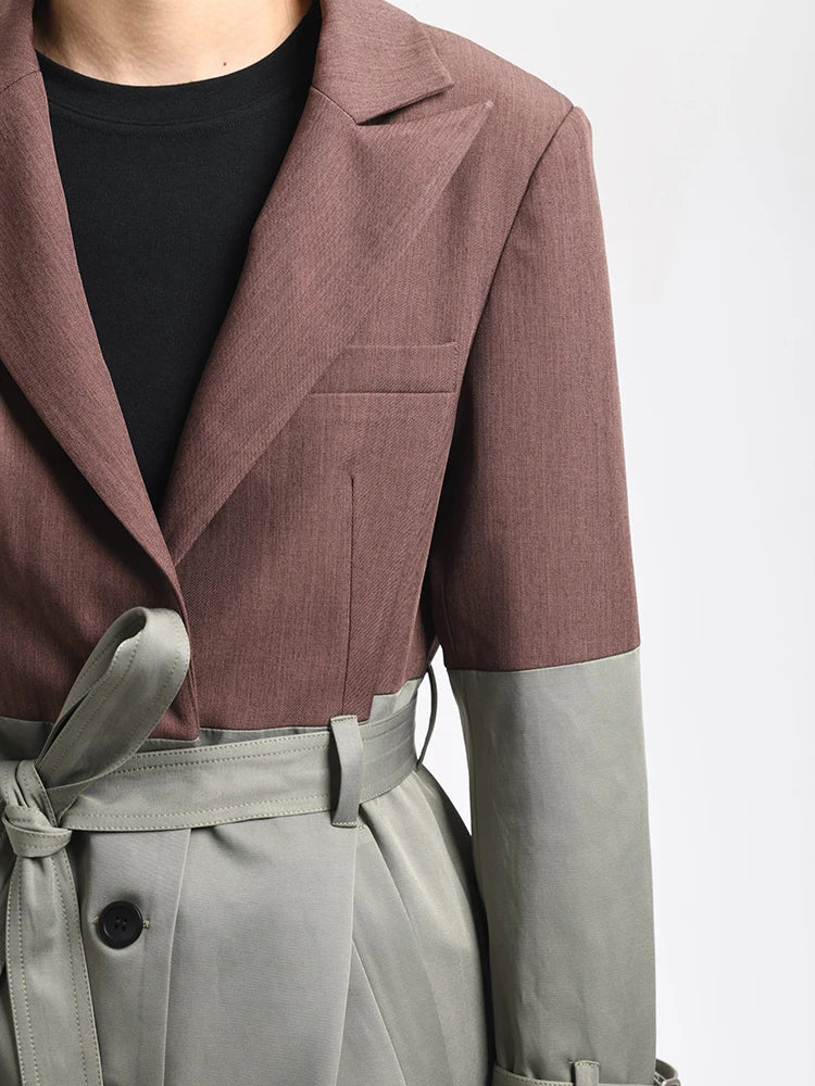 Flowering Girl Women Belted Blazer Trench Coat in Brown Gray