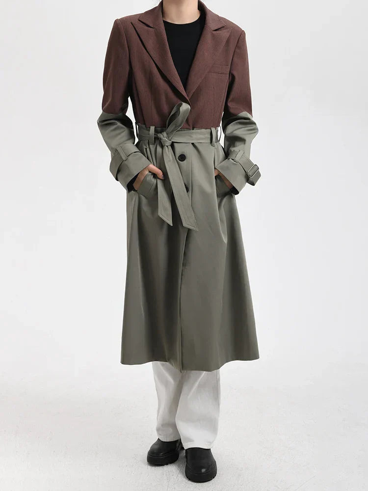 Flowering Girl Women Belted Blazer Trench Coat in Brown Gray