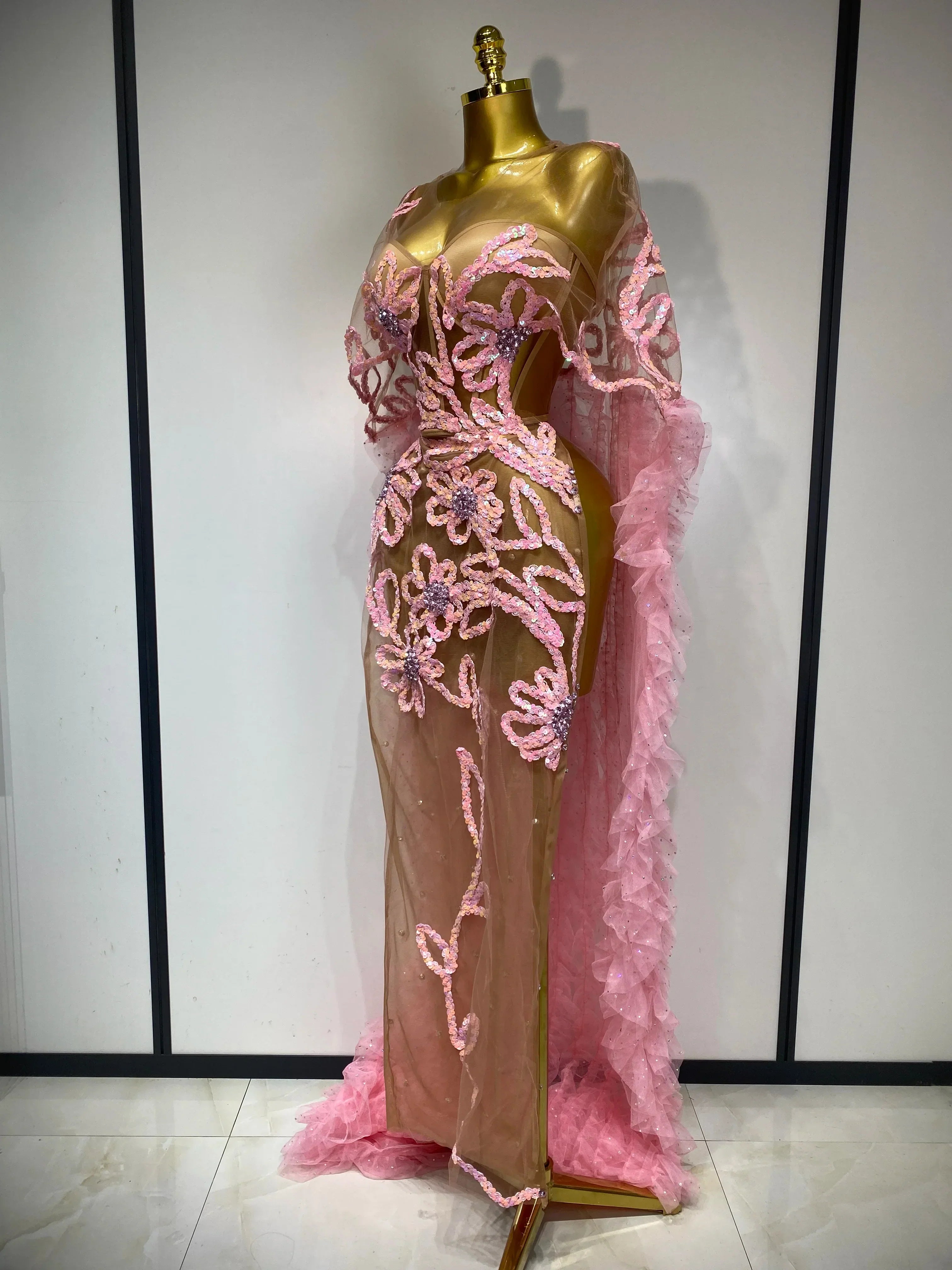 Sparkly Mesh See Through Maxi Dress In Pink