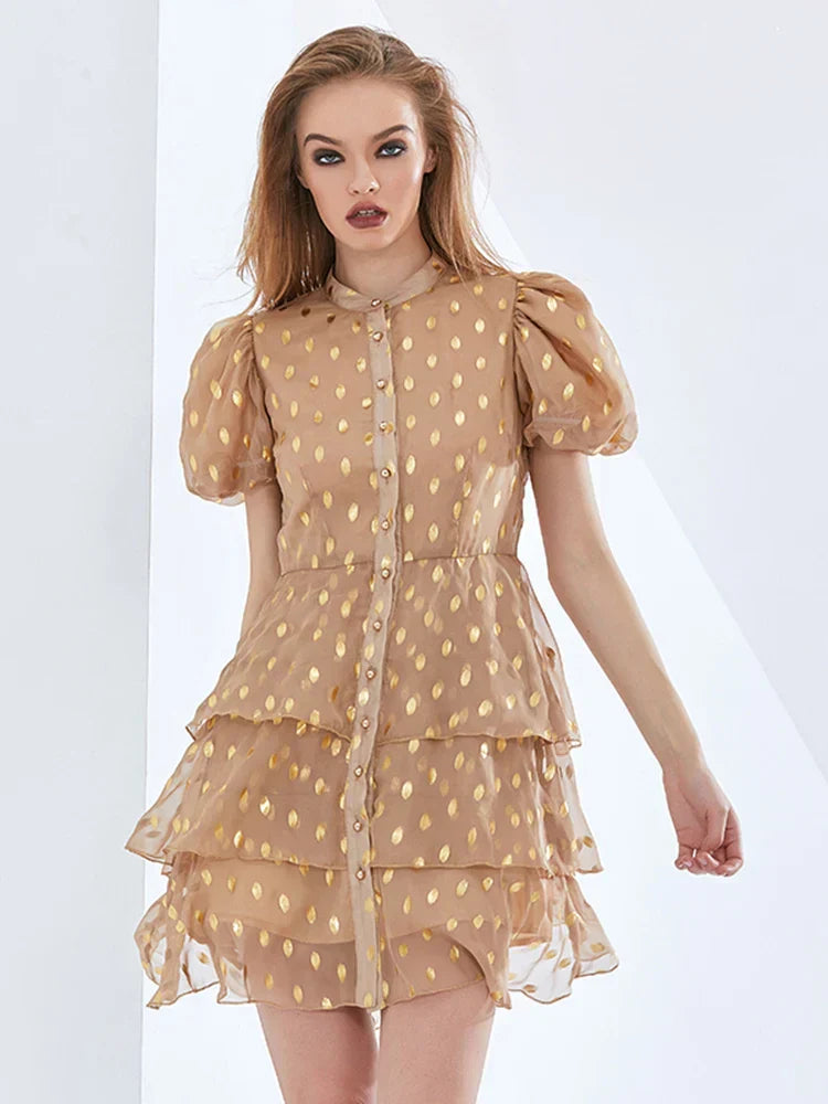 Flowering Girl Women polka Dot Layered Print Mini Dress in kahki
