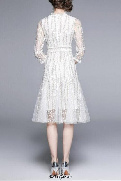 josephine Lace embroidered mesh midi dress in white