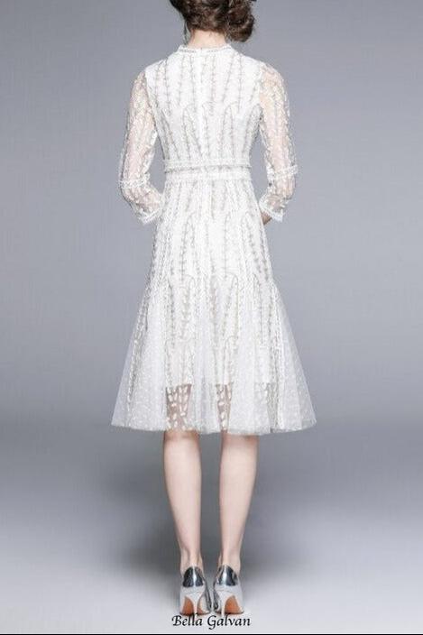 josephine Lace embroidered mesh midi dress in white