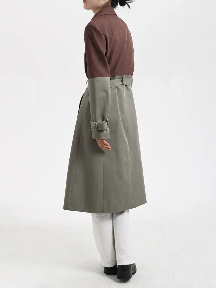 Flowering Girl Women Belted Blazer Trench Coat in Brown Gray