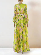 Jennifer Floral Print Pleated Lantern Sleeve Maxi Dress In Yellow