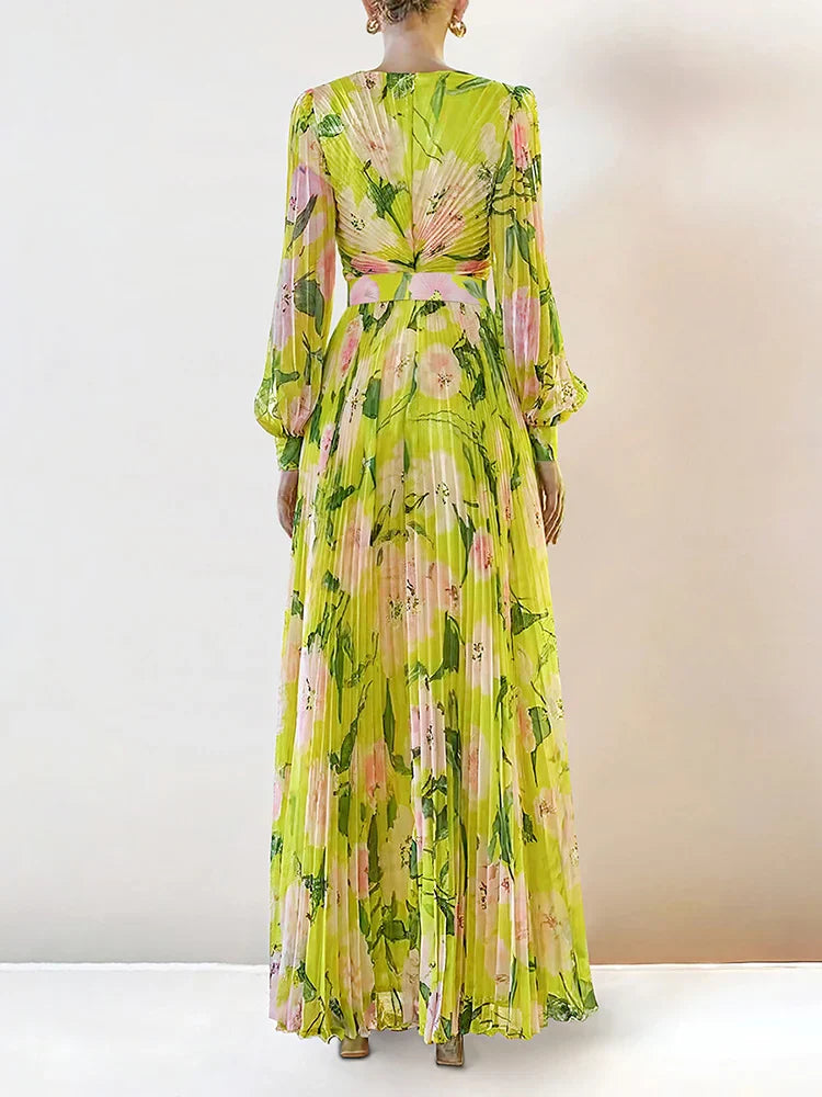 Jennifer Floral Print Pleated Lantern Sleeve Maxi Dress In Yellow