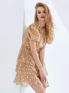 Flowering Girl Women polka Dot Layered Print Mini Dress in kahki