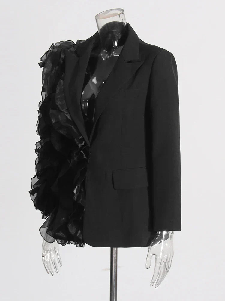 Flowering Girl Women Patchwork Ruffles Chic Blazer in black