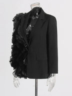 Flowering Girl Women Patchwork Ruffles Chic Blazer in black