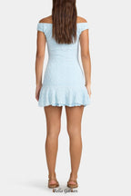 Textured ruffled off-shoulder mini dress in pale blue