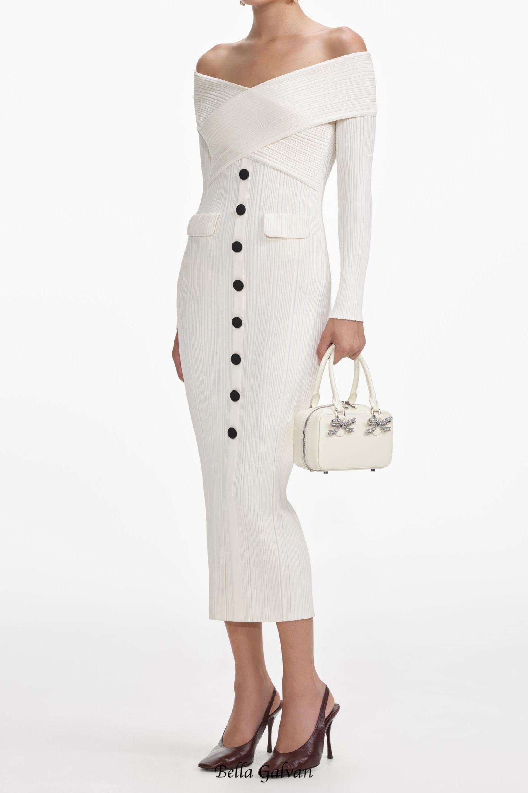 penny Off Shoulder Knit Midi Dress in Cream