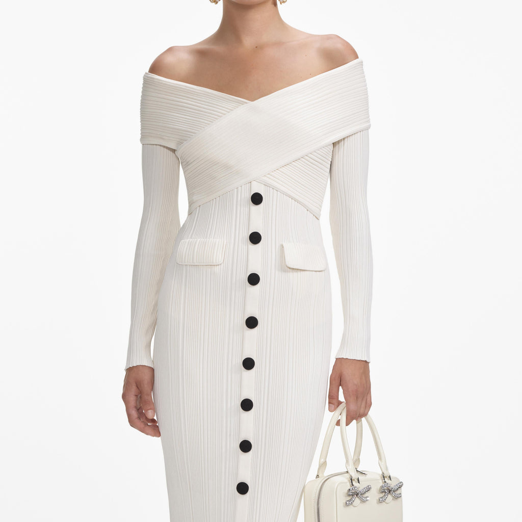 Flowering Girl Women penny Off Shoulder Knit Midi Dress in Cream