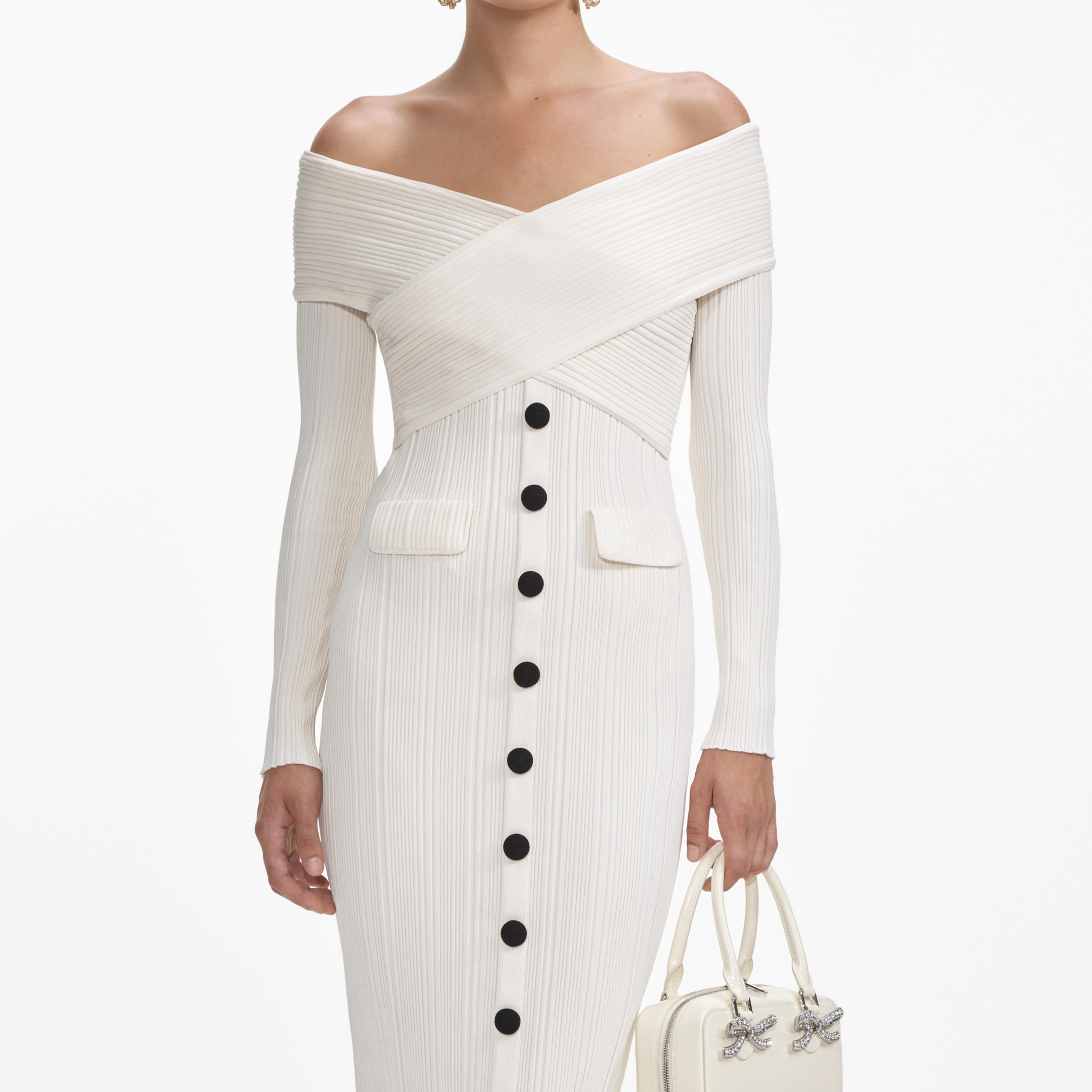 penny Off Shoulder Knit Midi Dress in Cream