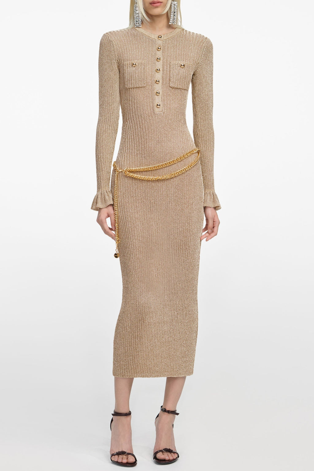 lauren Gold Lurex Ribbed Knit Midi Dress