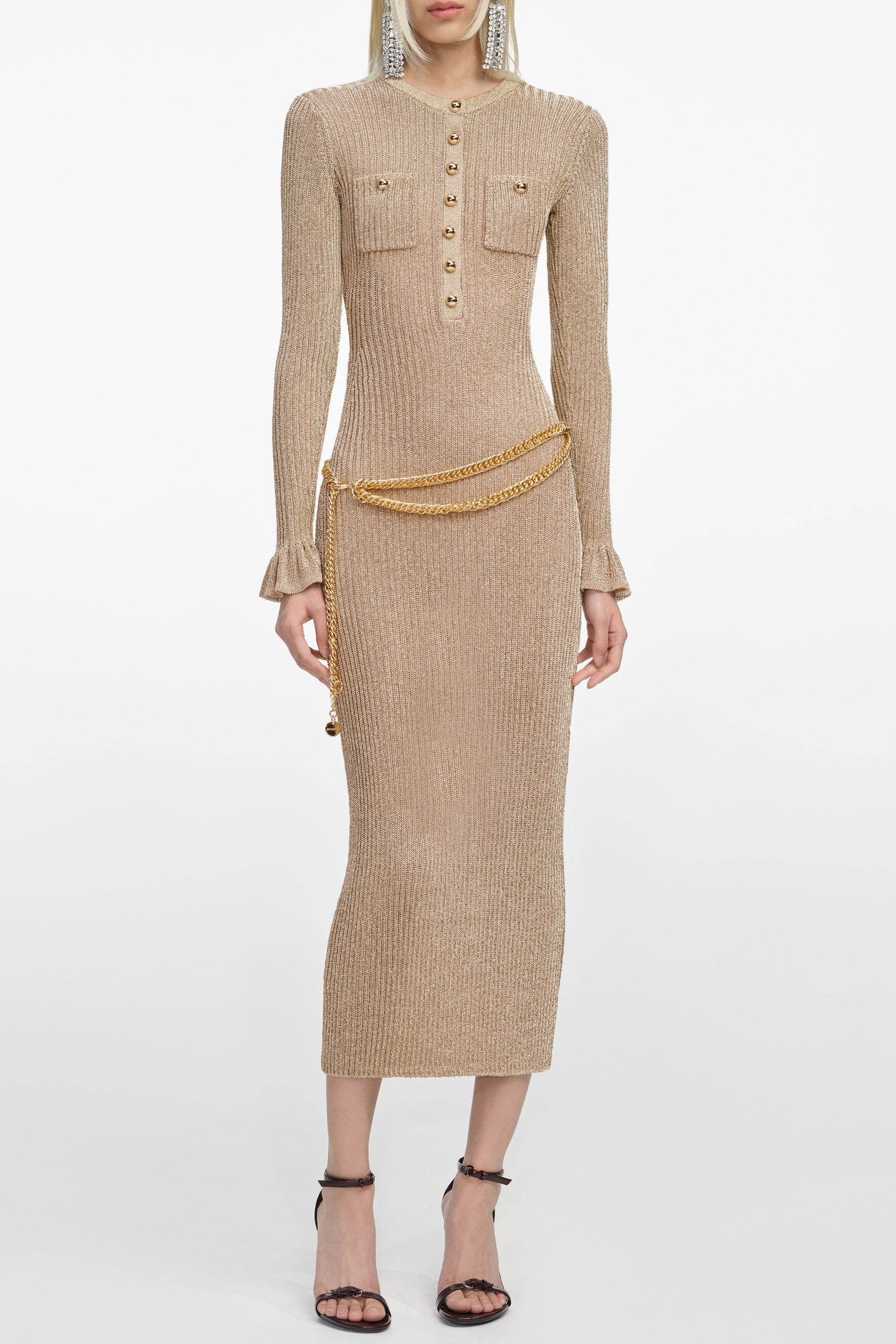 Flowering Girl Women Lauren Gold Lurex Ribbed Knit Midi Dress