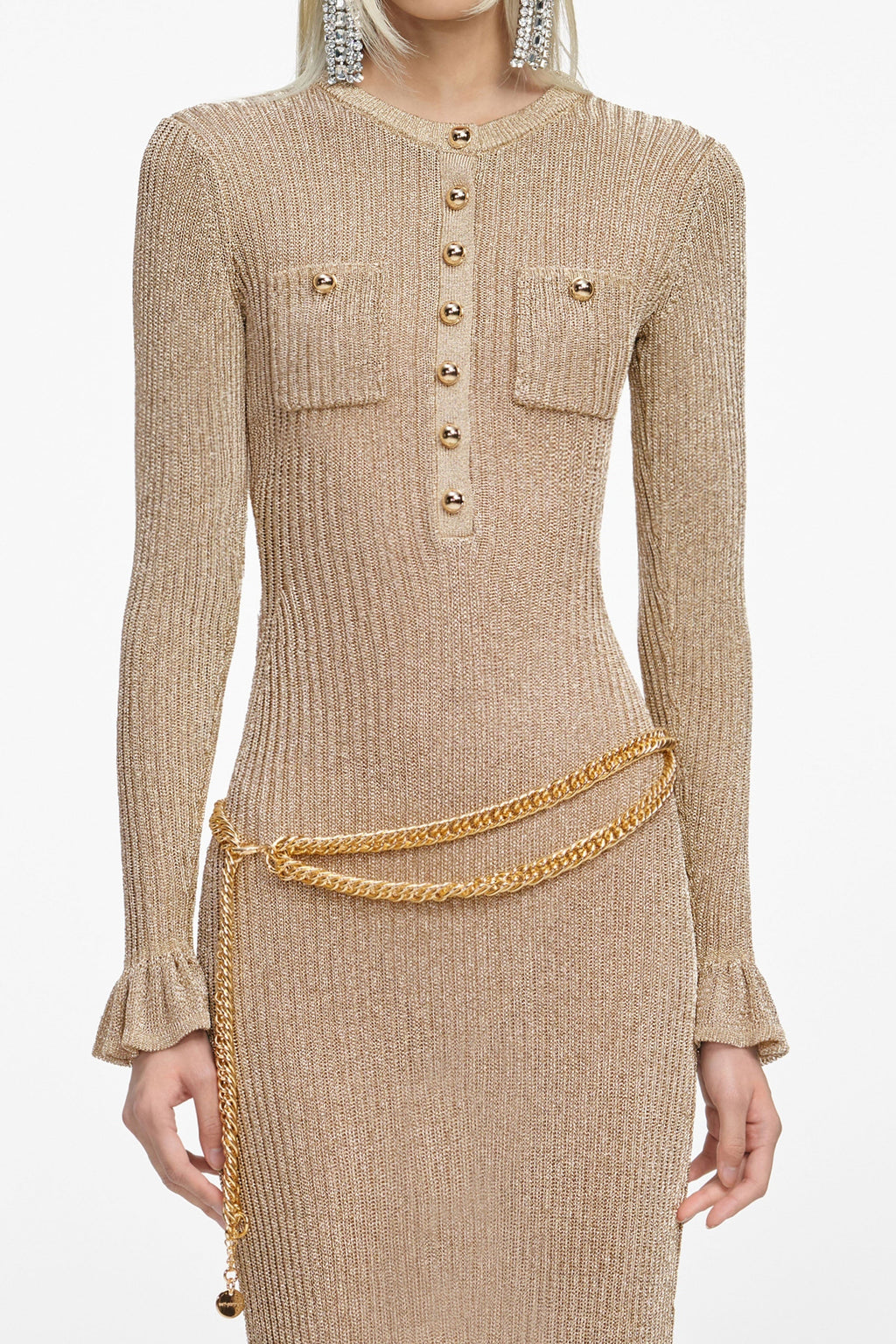 lauren Gold Lurex Ribbed Knit Midi Dress