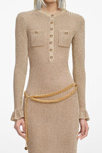 lauren Gold Lurex Ribbed Knit Midi Dress