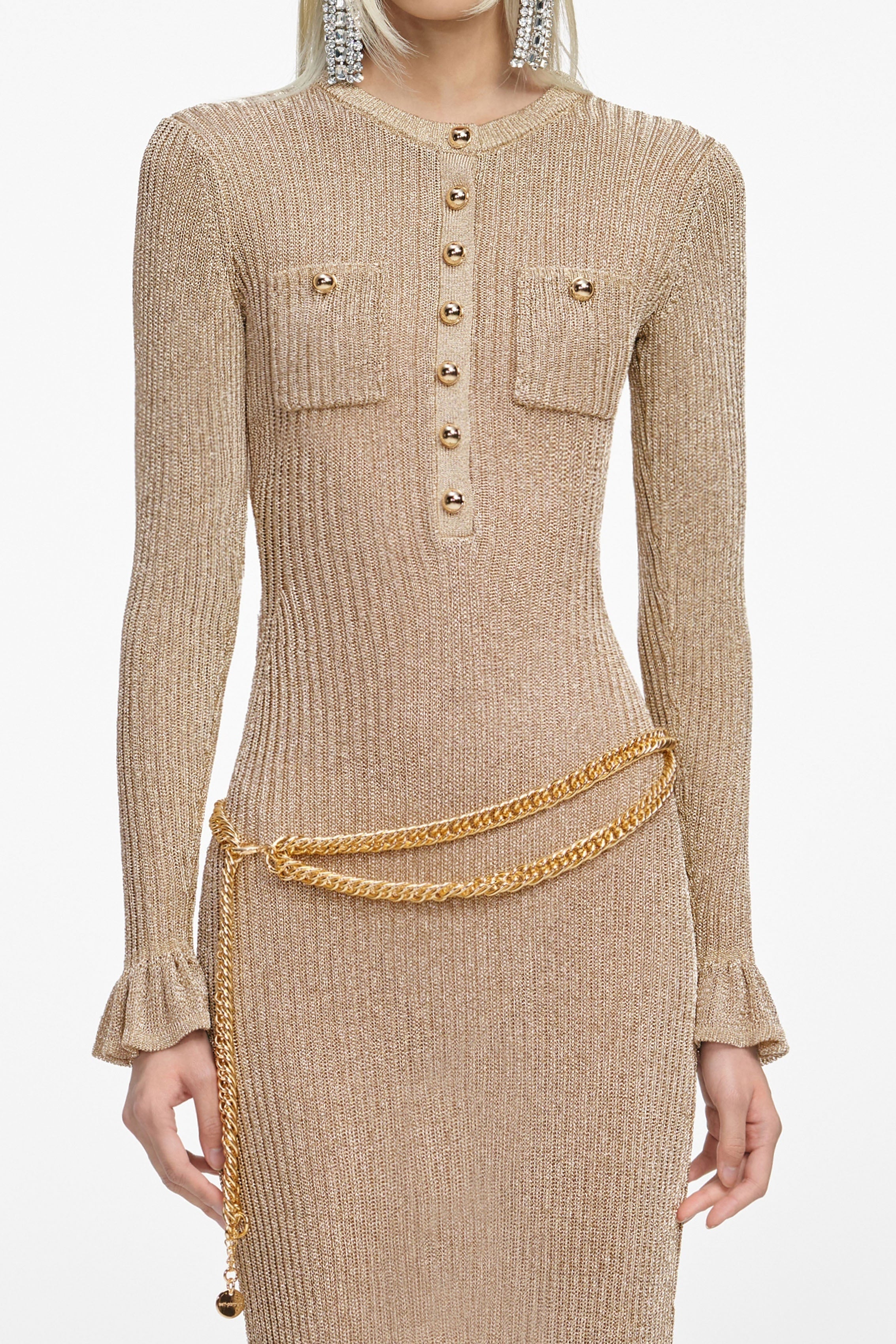 lauren Gold Lurex Ribbed Knit Midi Dress