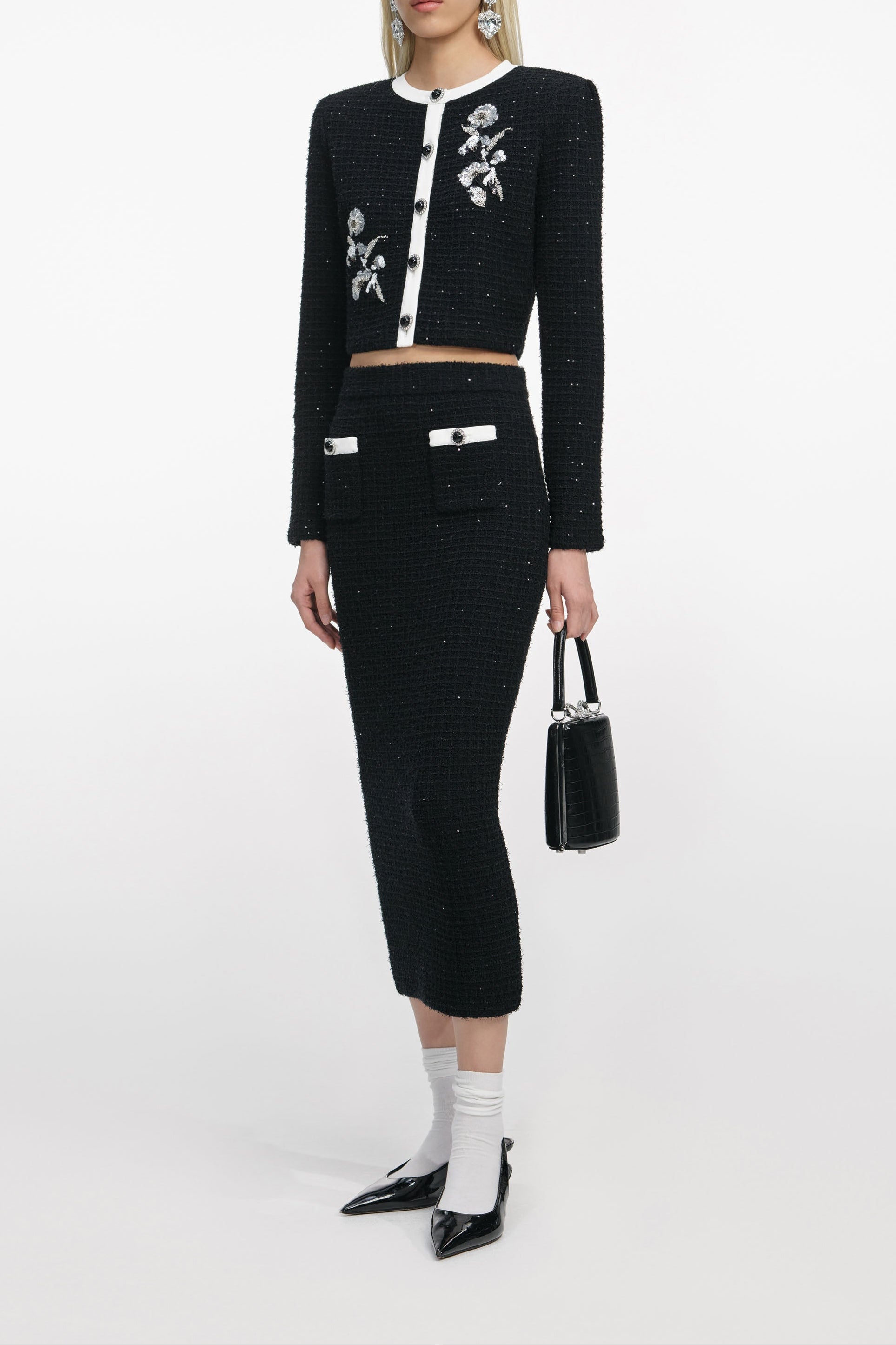 Black Floral Textured Knit Jacket