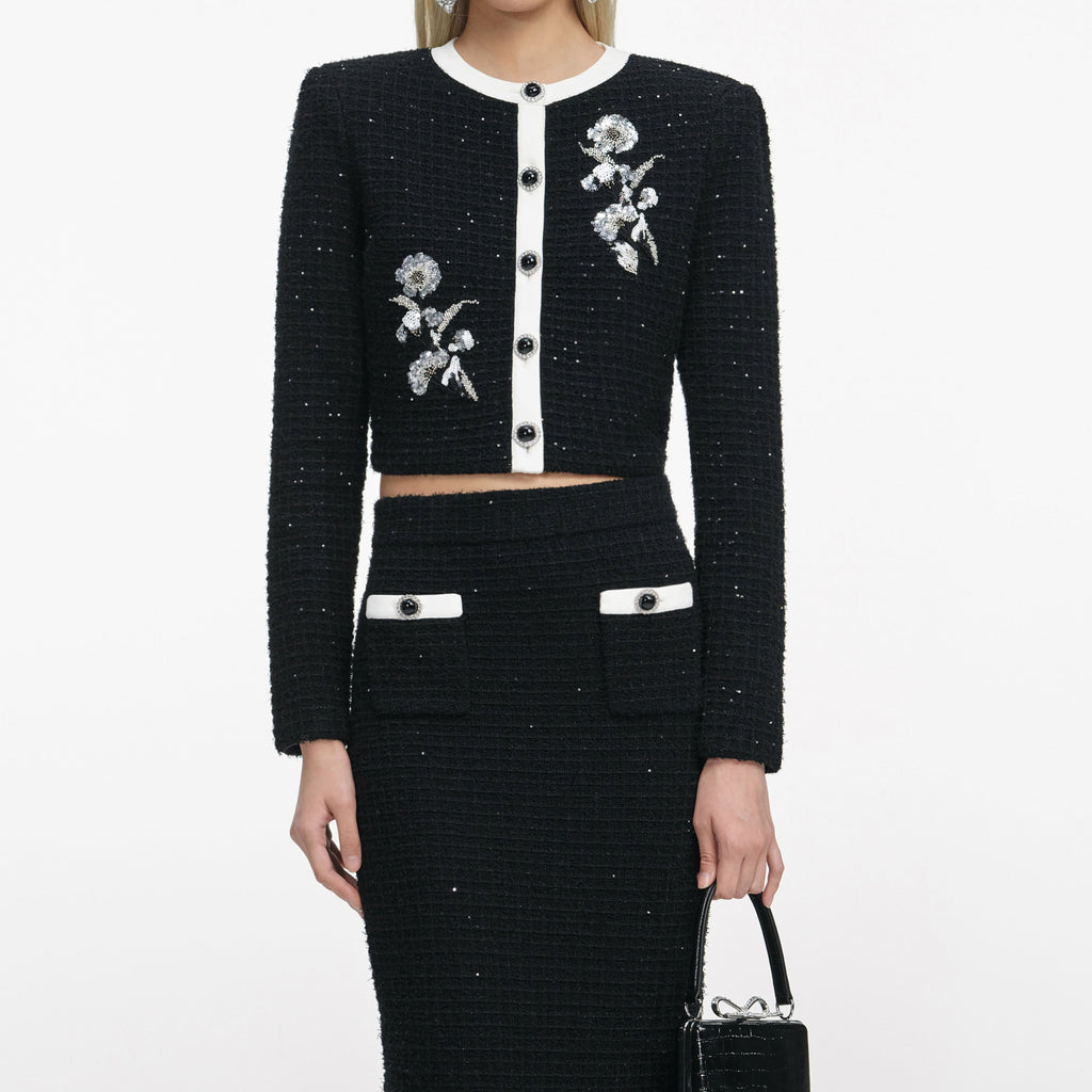 Black Floral Textured Knit Jacket