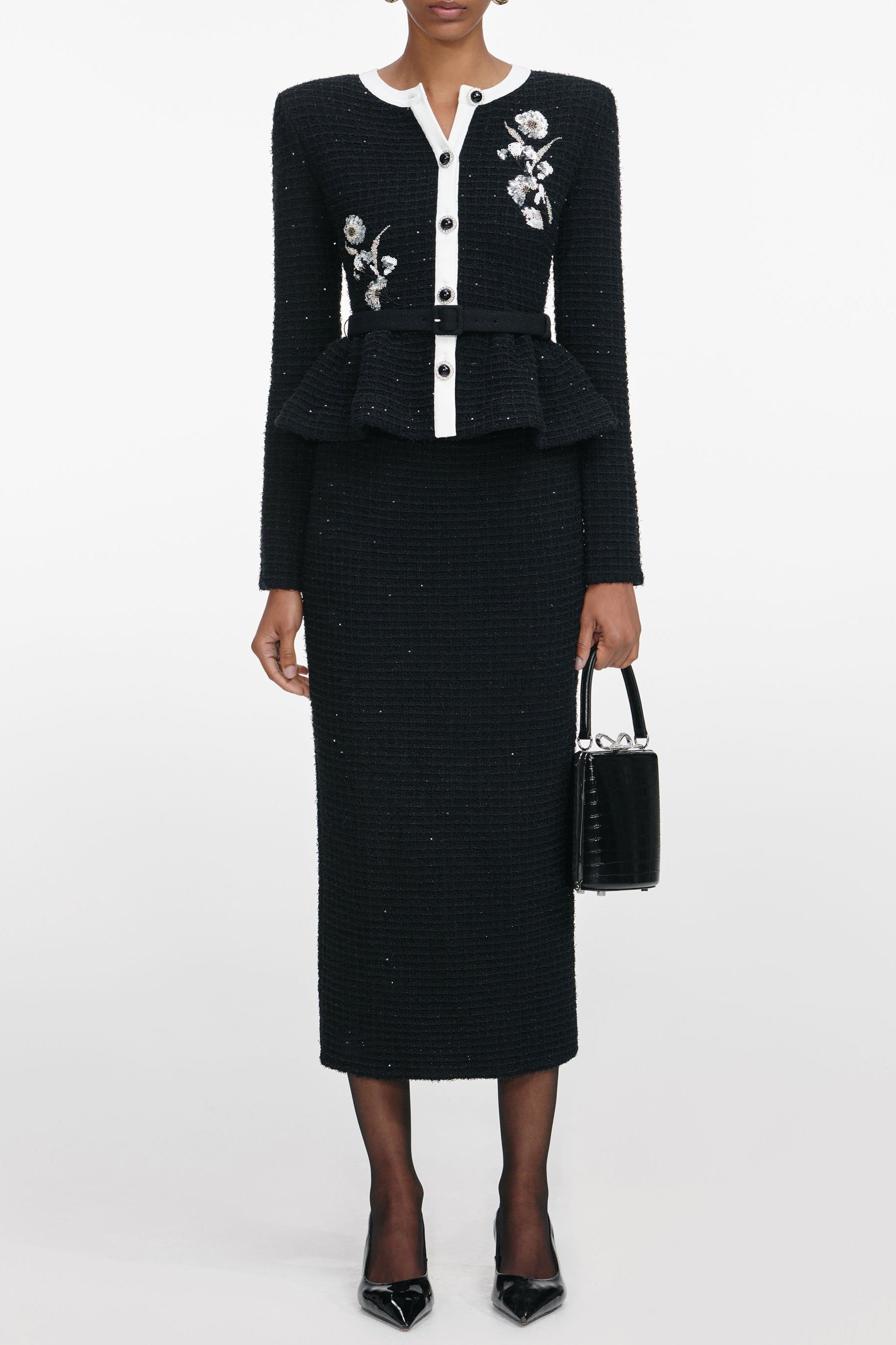 vicky Black Floral Textured Knit Midi Dress
