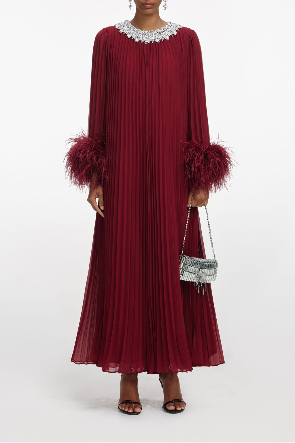 Burgundy Chiffon Feather Midi Dress