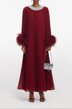 Burgundy Chiffon Feather Midi Dress