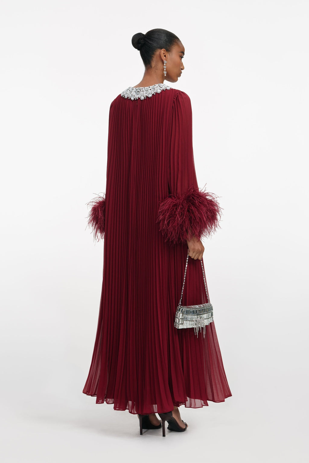Burgundy Chiffon Feather Midi Dress