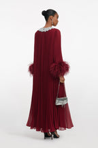 Burgundy Chiffon Feather Midi Dress