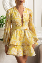 Flowering Girl Women Floral Romantic Mini Dress With Voluminous Sleeves And Peplum Detail - Yellow